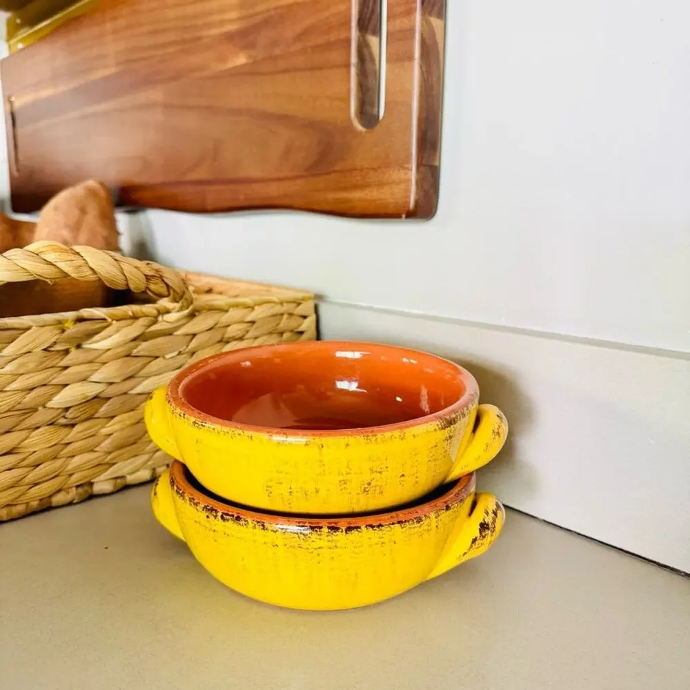 2 VINTAGE ITALY De Silva Terre D'Umbria Gold Red Terra Cotta Handle Soup Bowls